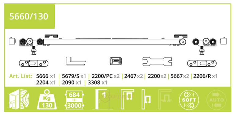 Раздвижная система Villes2000 5660/130 на 1 дверь 130кг, доводчик (двойной)